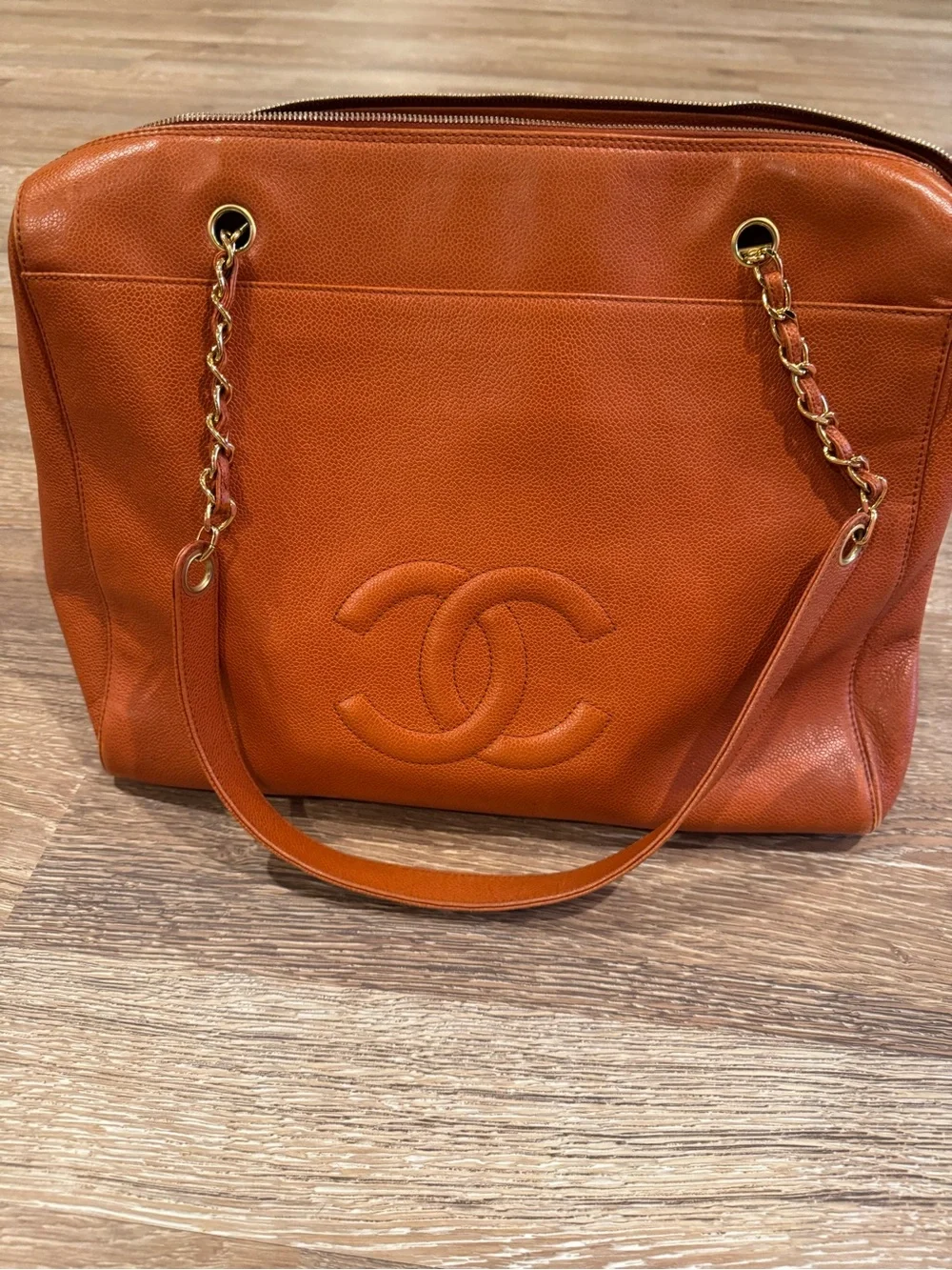 CHANEL Orange Leather Double-C Tote with Gold Chain Straps